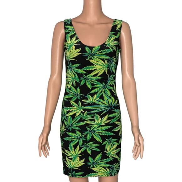 Dolls Kill Dresses & Skirts - Dolls Kill Green and Black Marijuana Weed Leaf Bodycon Mini Dress